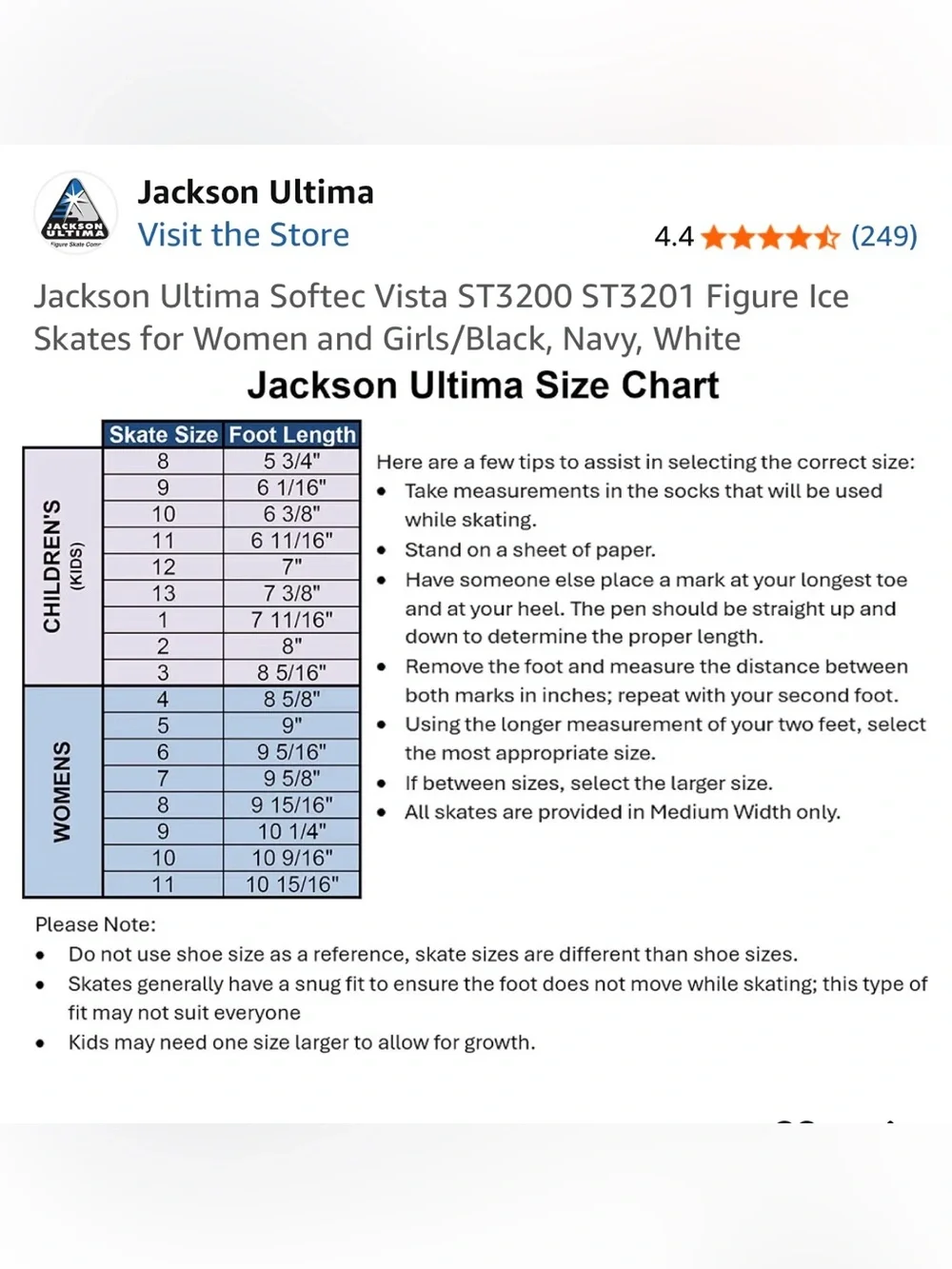 Jackson Ultima Softec Vista Toddler Kids Black Figure Ice Skates ST3201 size8